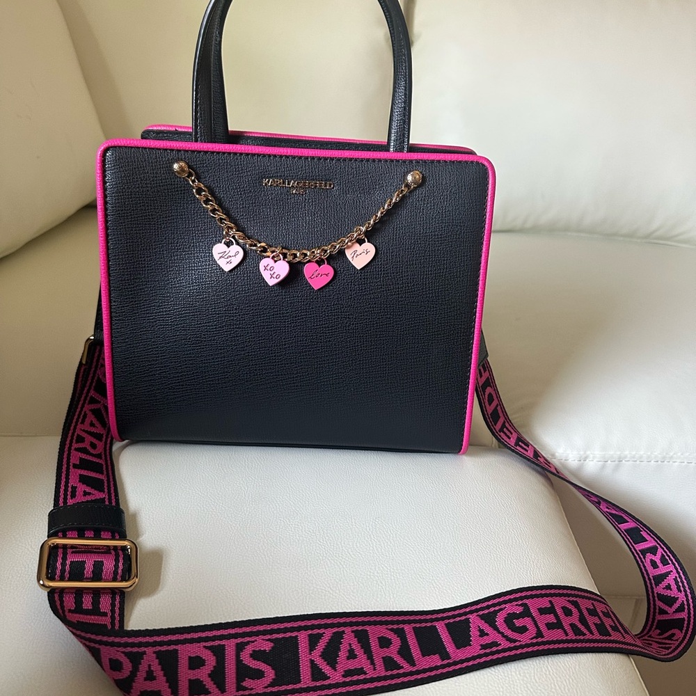 Karl Lagerfeld Black and Pink Satchel with Heart Charm